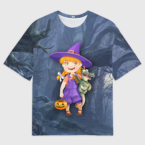 Мужская футболка оверсайз Ведьма малолетка в тёмном лесу с дракончиком / 3D-принт – фото 1