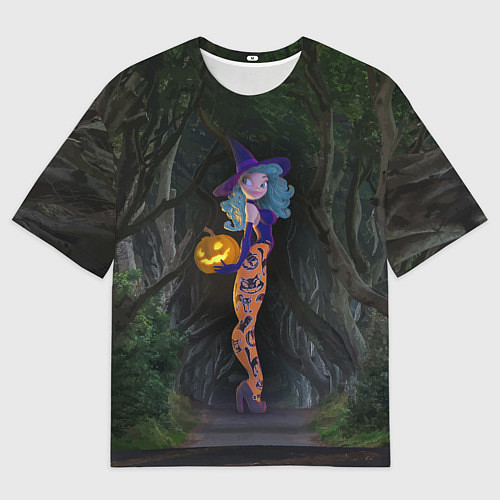 Мужская футболка оверсайз Ведьма с тыквой и в крутых колготках - Halloween / 3D-принт – фото 1