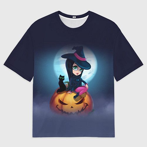 Мужская футболка оверсайз Маленькая прикольная ведьмочка с милым котёнком / 3D-принт – фото 1
