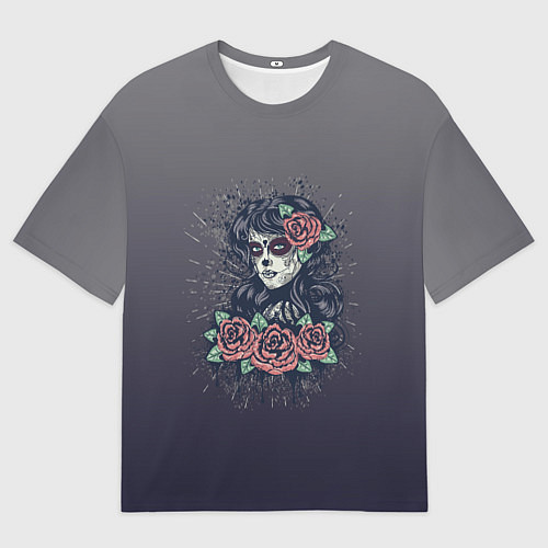 Мужская футболка оверсайз Девушка в образе санта муэрте с макияжем сахарный / 3D-принт – фото 1