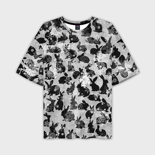 Мужская футболка оверсайз Черные новогодние кролики / 3D-принт – фото 1