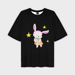 Мужская футболка оверсайз Крольчонок танцует со звёздами на чёрном фоне