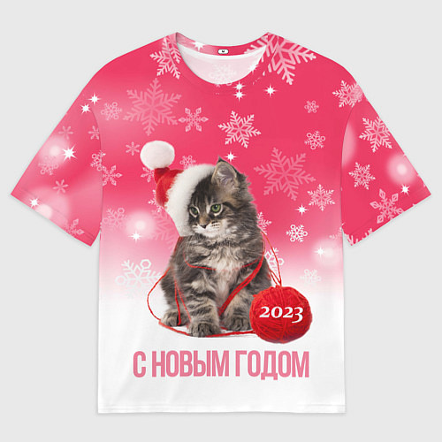 Мужская футболка оверсайз Новогодний котенок на розовом фоне / 3D-принт – фото 1