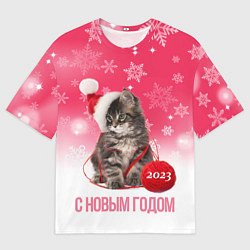 Футболка оверсайз мужская Новогодний котенок на розовом фоне, цвет: 3D-принт