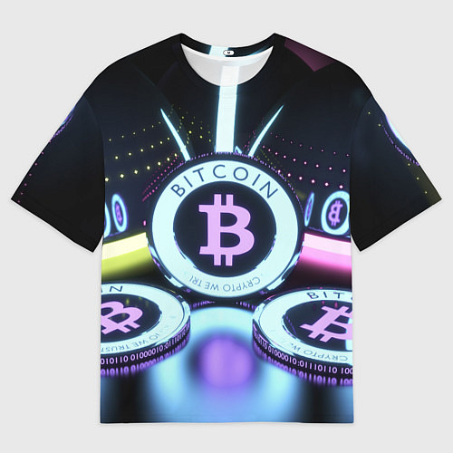 Мужская футболка оверсайз Неоновый светящийся биткоин / 3D-принт – фото 1
