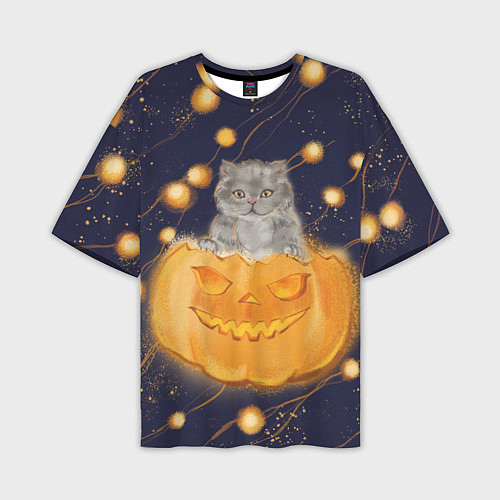 Мужская футболка оверсайз Котик в тыкве, хеллоуин / 3D-принт – фото 1