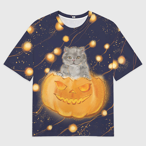 Мужская футболка оверсайз Котик в тыкве, хеллоуин / 3D-принт – фото 1