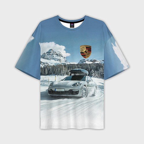 Мужская футболка оверсайз Porsche on a mountain winter road / 3D-принт – фото 1