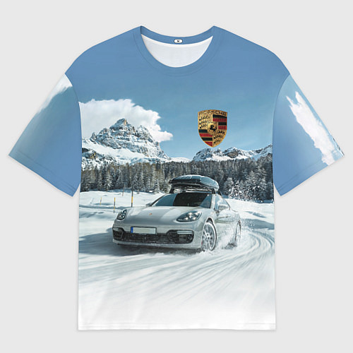 Мужская футболка оверсайз Porsche on a mountain winter road / 3D-принт – фото 1