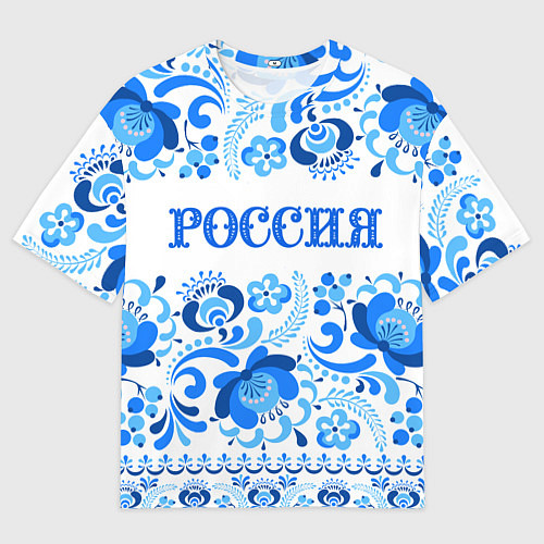 Мужская футболка оверсайз РОССИЯ голубой узор / 3D-принт – фото 1