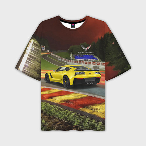 Мужская футболка оверсайз Chevrolet Corvette на гоночной трассе / 3D-принт – фото 1