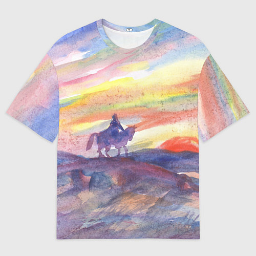 Мужская футболка оверсайз Одинокий всадник в степи на закате / 3D-принт – фото 1