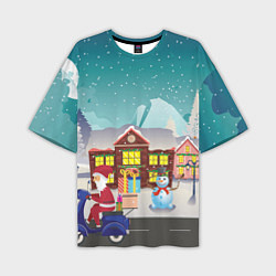 Мужская футболка оверсайз В Новогоднюю ночь Дед Мороз едет на скутере с пода