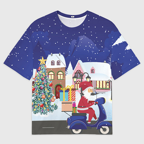 Мужская футболка оверсайз Дед Мороз едет на скутере с подарками в Новогоднюю / 3D-принт – фото 1