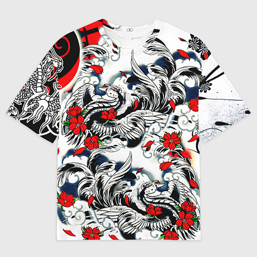 Мужская футболка оверсайз Красные цветы и птицы / 3D-принт – фото 1