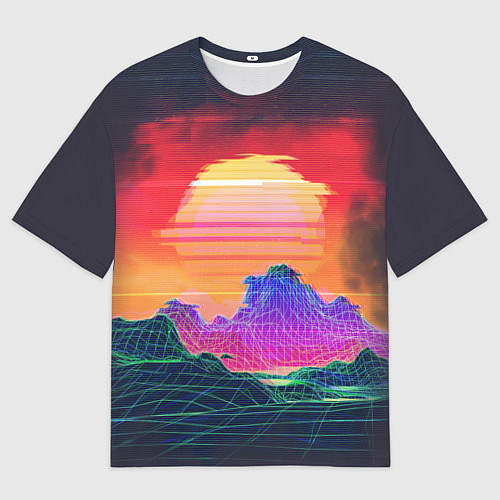 Мужская футболка оверсайз Синтвейв неоновые горы на закате / 3D-принт – фото 1