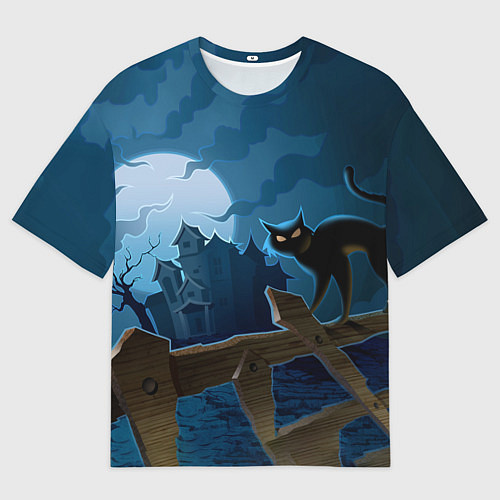 Мужская футболка оверсайз Хэллоуин - чёрный кот на заборе / 3D-принт – фото 1