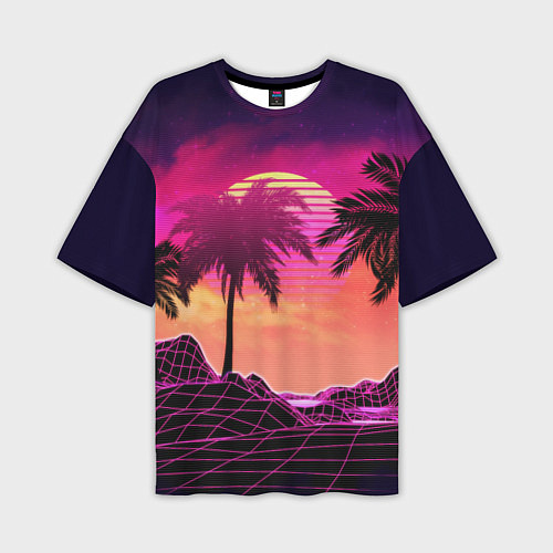 Мужская футболка оверсайз Пальмы и пляж в розовом закате ретро дизайн / 3D-принт – фото 1