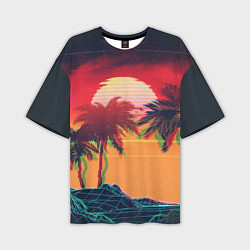 Мужская футболка оверсайз Пальмы и пляж на закате с помехами VHS ретро дизай