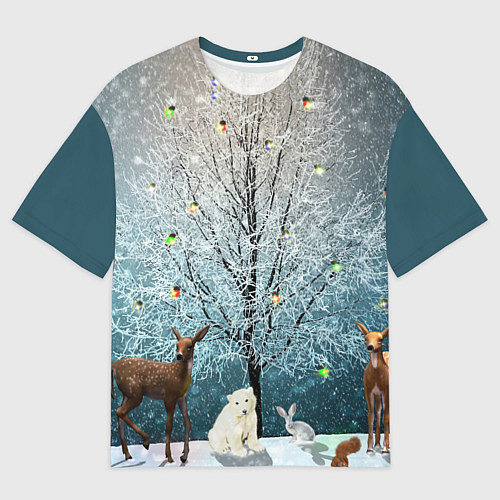 Мужская футболка оверсайз Звери в новогоднем лесу / 3D-принт – фото 1
