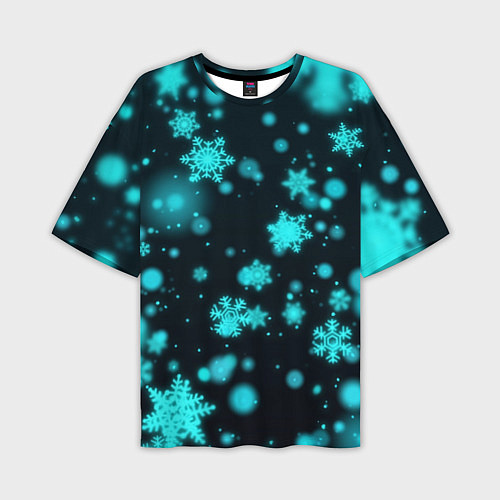 Мужская футболка оверсайз Неоновые снежинки на черном фоне / 3D-принт – фото 1