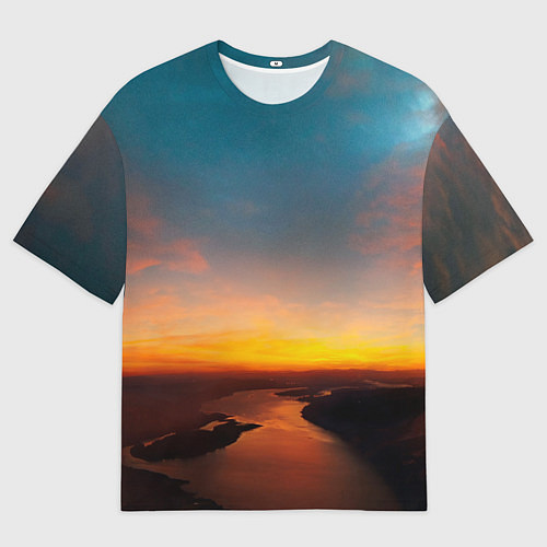 Мужская футболка оверсайз Горная река на фоне заката / 3D-принт – фото 1