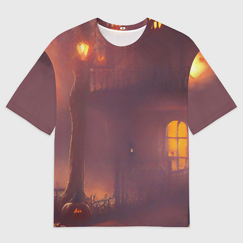 Мужская футболка оверсайз Викторианский дом и старые фонари с тыквами в пурп / 3D-принт – фото 1