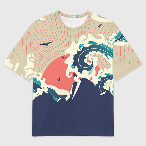 Мужская футболка оверсайз Большая океанская волна и силуэт пустынного остров / 3D-принт – фото 1