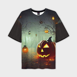 Мужская футболка оверсайз Тыква на Хэллоуин в ночном туманном лесу