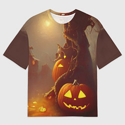 Футболка оверсайз мужская Жуткое дерево и улыбающаяся тыква на Хэллоуин, цвет: 3D-принт