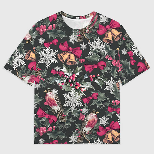 Мужская футболка оверсайз Новый год колокольчики, птицы, снежинки / 3D-принт – фото 1