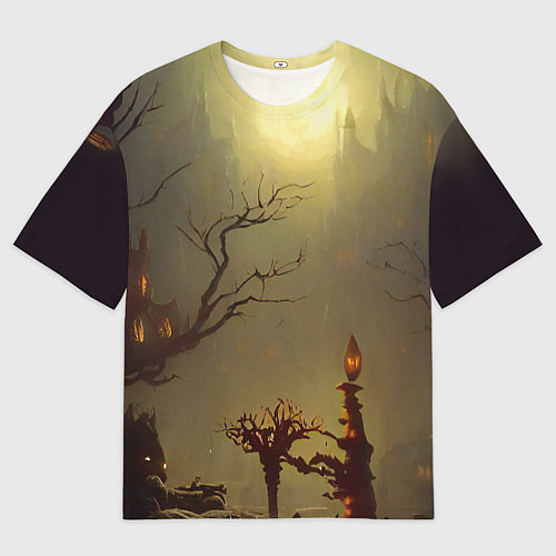 Мужская футболка оверсайз Жуткий замок в тумане / 3D-принт – фото 1