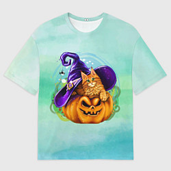 Футболка оверсайз мужская Кот в шляпе на тыкве, цвет: 3D-принт