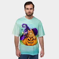 Футболка оверсайз мужская Кот в шляпе на тыкве, цвет: 3D-принт — фото 2