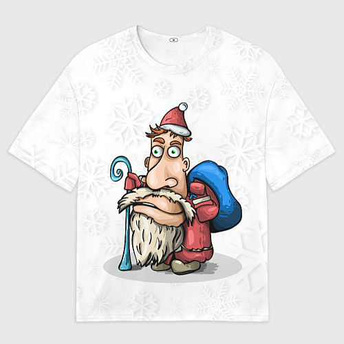 Мужская футболка оверсайз Дед Мороз спешит с подарками на фоне снежинок / 3D-принт – фото 1