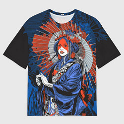 Мужская футболка оверсайз Гейша с рваным зонтиком