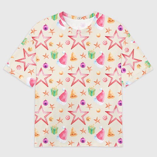 Мужская футболка оверсайз Новогодние звезды и шарики / 3D-принт – фото 1