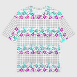 Мужская футболка оверсайз Цветочный узор бирюзово-розовый на сером клетчатом