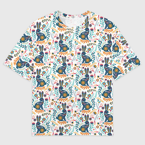 Мужская футболка оверсайз Новогодний паттерн - Кролики и веточки / 3D-принт – фото 1