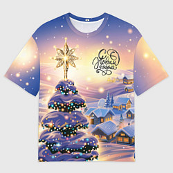 Мужская футболка оверсайз Новогодняя елочка в деревне