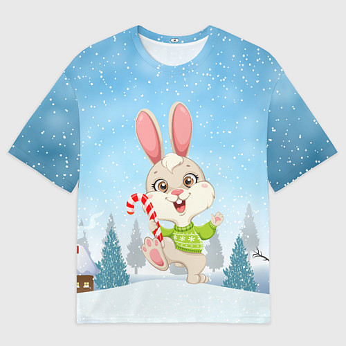Мужская футболка оверсайз Новогодний зайка с леденцом / 3D-принт – фото 1