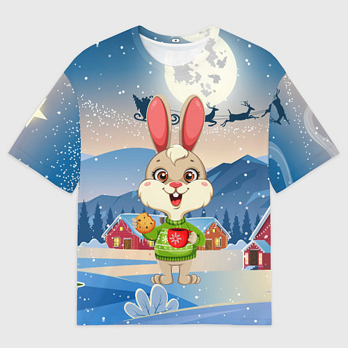 Мужская футболка оверсайз Зайчик с кофе и печеньем / 3D-принт – фото 1