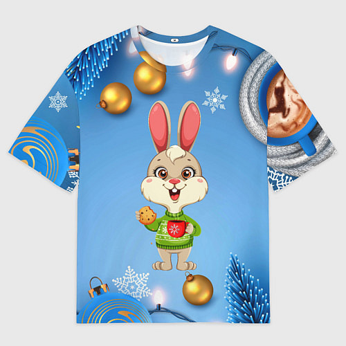 Мужская футболка оверсайз Новогодний зайчик с кофе / 3D-принт – фото 1