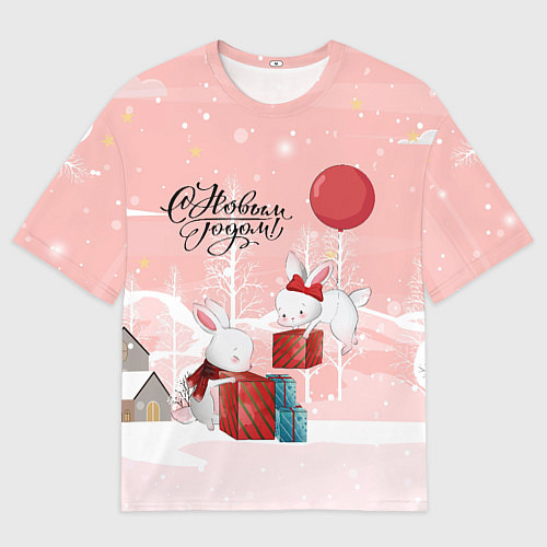 Мужская футболка оверсайз Зайчики упаковывают подарки к новому году / 3D-принт – фото 1