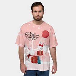Футболка оверсайз мужская Зайчики упаковывают подарки к новому году, цвет: 3D-принт — фото 2