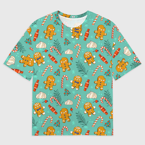 Мужская футболка оверсайз Новогодний паттерн с печеньем и конфетами / 3D-принт – фото 1