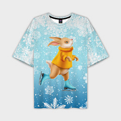 Мужская футболка оверсайз Кролик на коньках в снегопад