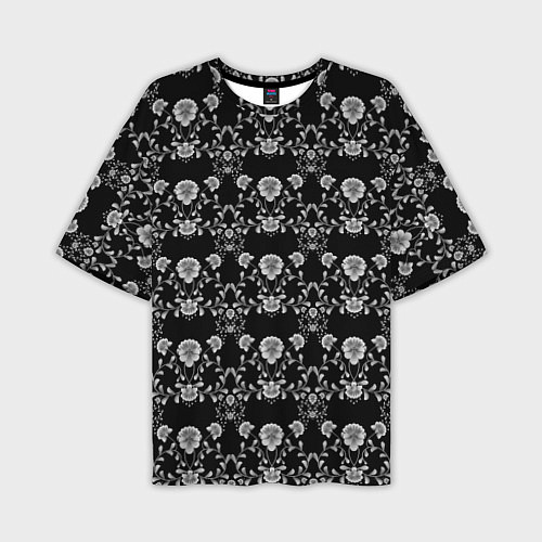 Мужская футболка оверсайз Черно-белый цветочный полосатый ретро узор / 3D-принт – фото 1