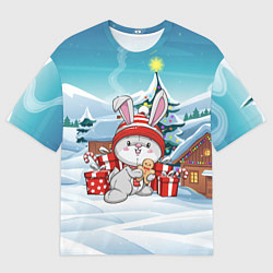 Мужская футболка оверсайз Зайка с подарками - новый год