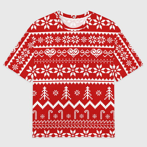 Мужская футболка оверсайз Новогодний узор на красном фоне / 3D-принт – фото 1